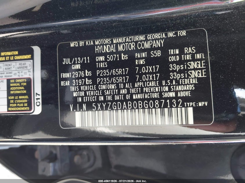 2011 Hyundai Santa Fe Gls VIN: 5XYZGDAB0BG087132 Lot: 45611926