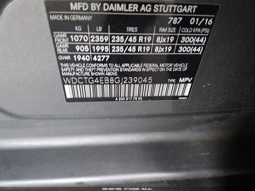 2016 Mercedes-Benz Gla 250 VIN: WDCTG4EB8GJ239045 Lot: 45611960