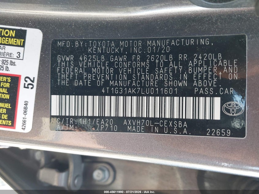 2020 Toyota Camry Se Hybrid VIN: 4T1G31AK7LU011601 Lot: 45611990