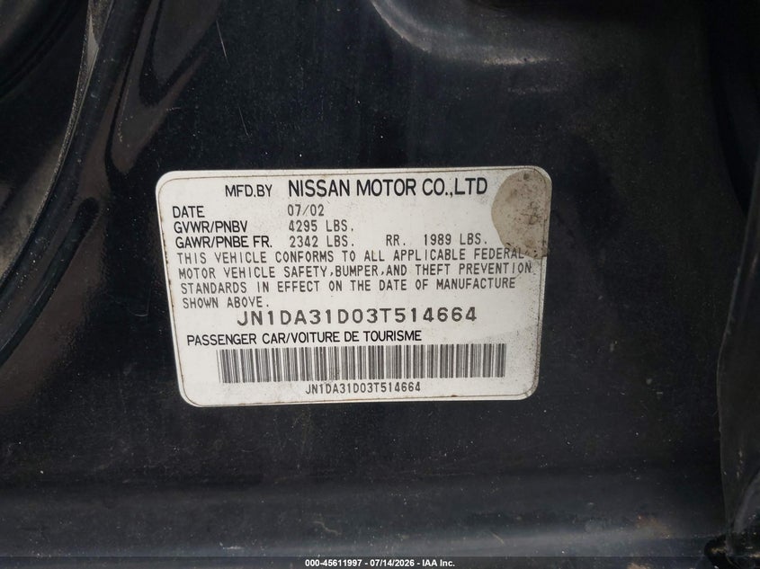 2003 Nissan Maxima Se VIN: JN1DA31D03T514664 Lot: 45611997