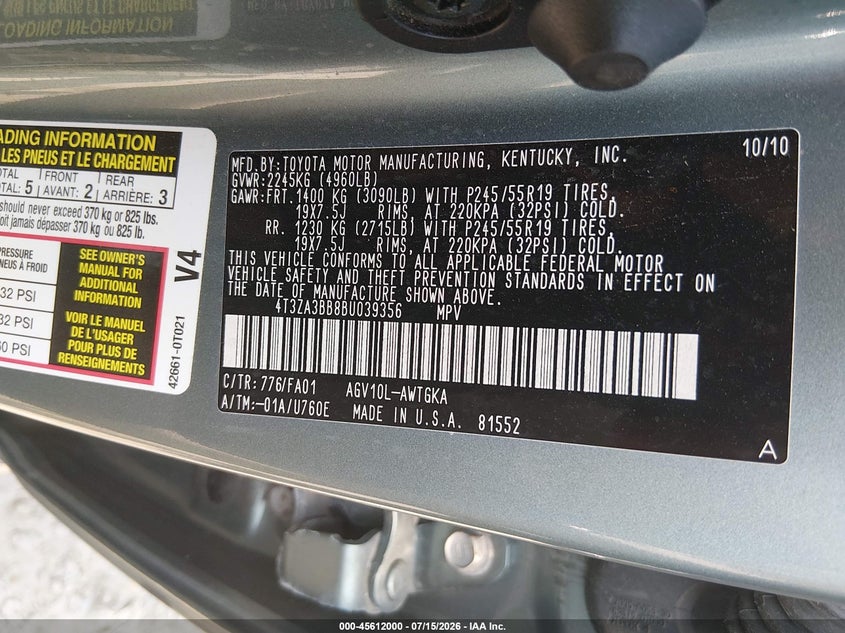 2011 Toyota Venza VIN: 4T3ZA3BB8BU039356 Lot: 45612000