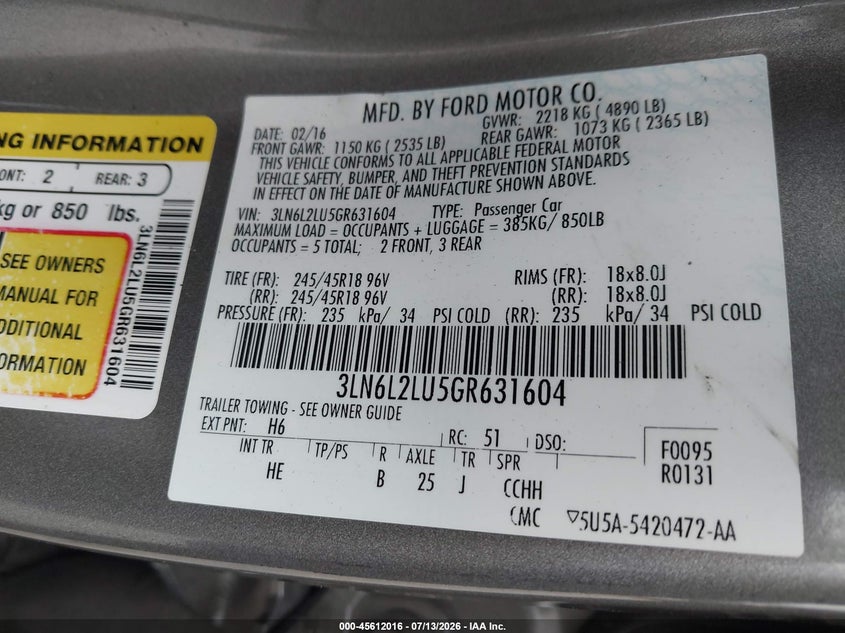 2016 Lincoln Mkz Hybrid VIN: 3LN6L2LU5GR631604 Lot: 45612016