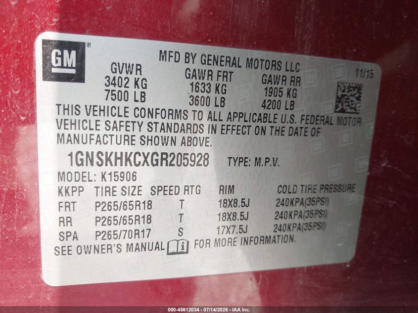 2016 Chevrolet Suburban Lt VIN: 1GNSKHKCXGR205928 Lot: 45612034