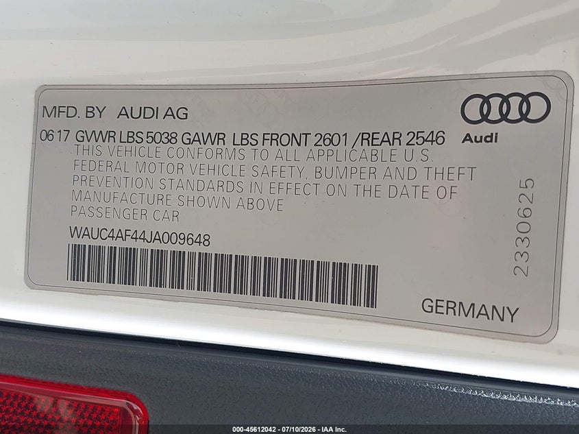 2018 Audi S4 3.0T Premium Plus VIN: WAUC4AF44JA009648 Lot: 45612042