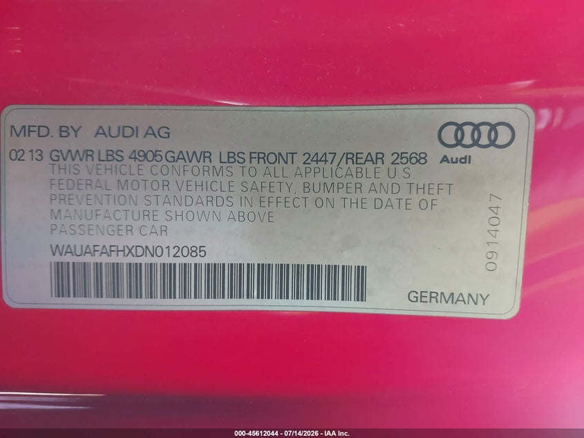2013 Audi A5 2.0T Premium VIN: WAUAFAFHXDN012085 Lot: 45612044