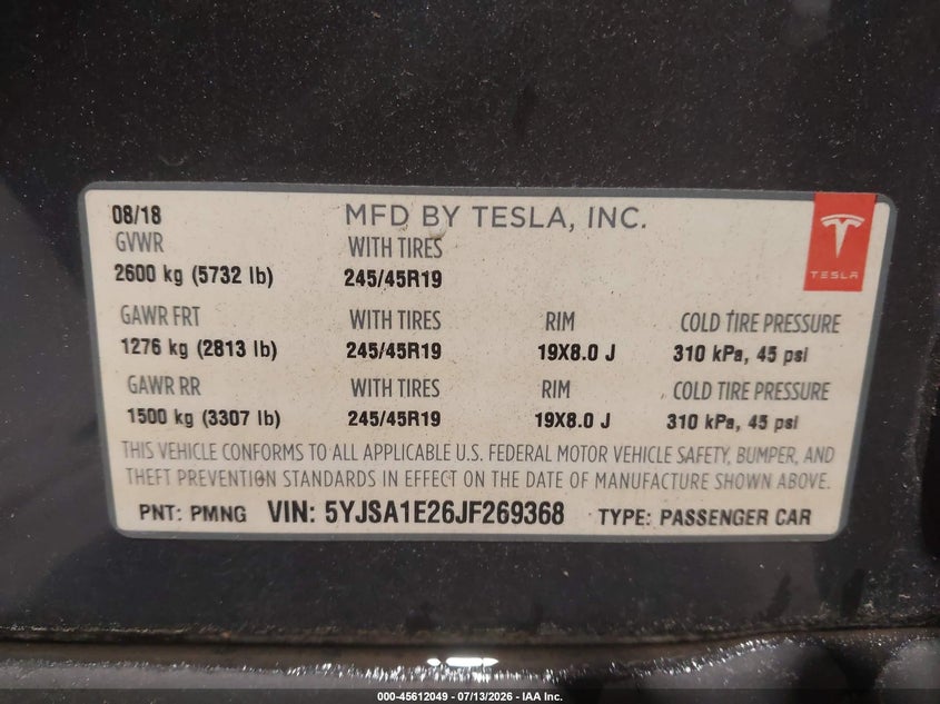 2018 Tesla Model S 100D/75D/P100D VIN: 5YJSA1E26JF269368 Lot: 45612049