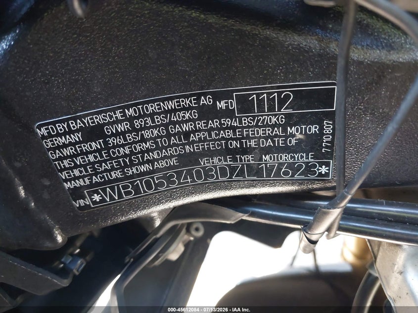 2013 BMW S 1000 Rr VIN: WB1053403DZL17623 Lot: 45612084