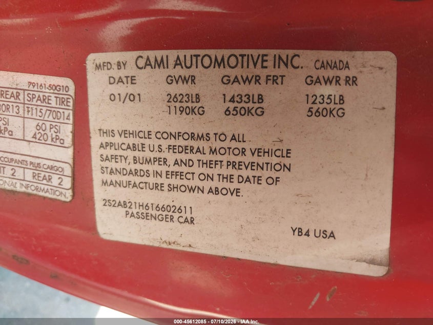 2001 Suzuki Swift Ga/Gl VIN: 2S2AB21H616602611 Lot: 45612085