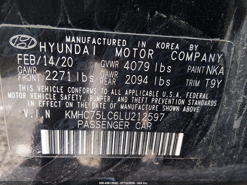 2020 Hyundai Ioniq Hybrid Se VIN: KMHC75LC6LU212597 Lot: 45612088