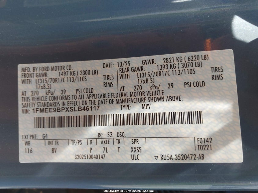 2025 Ford Bronco Badlands VIN: 1FMEE9BPXSLB46117 Lot: 45612138