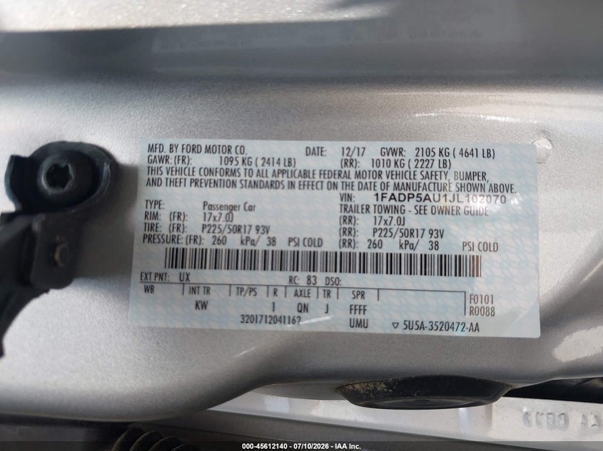 FORD C-MAX HYBRID 2018 VIN 1FADP5AU1JL102070
