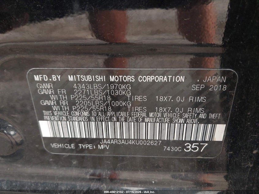 2019 Mitsubishi Outlander Sport 2.0 Es VIN: JA4AR3AU4KU002627 Lot: 45612152
