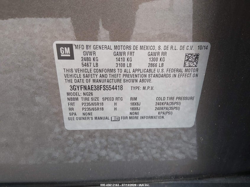2015 Cadillac Srx Standard VIN: 3GYFNAE38FS554418 Lot: 45612163