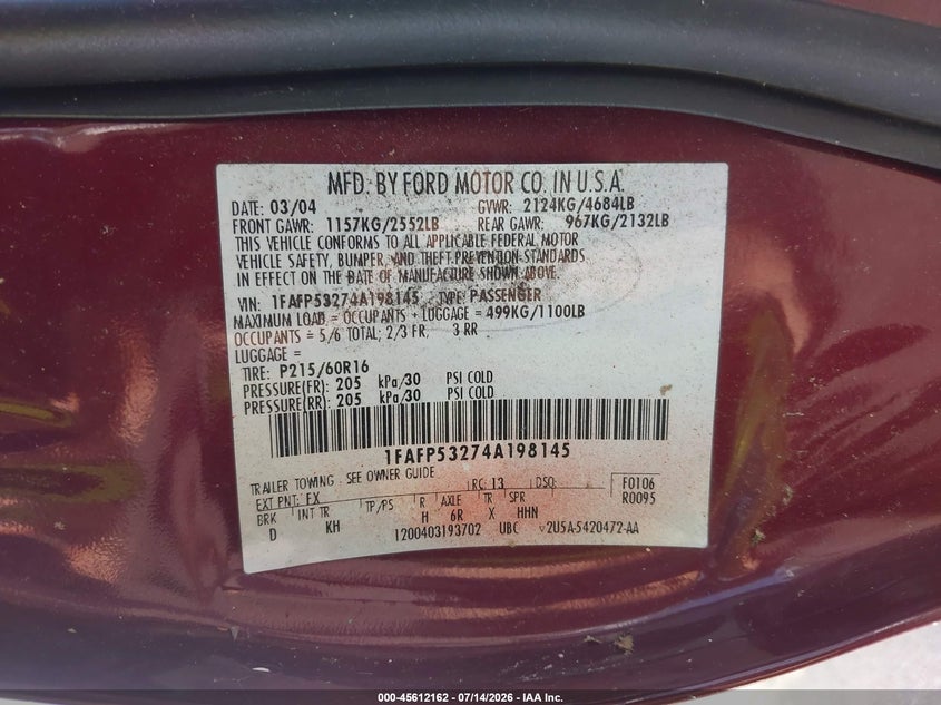 2004 Ford Taurus Se VIN: 1FAFP53274A198145 Lot: 45612162
