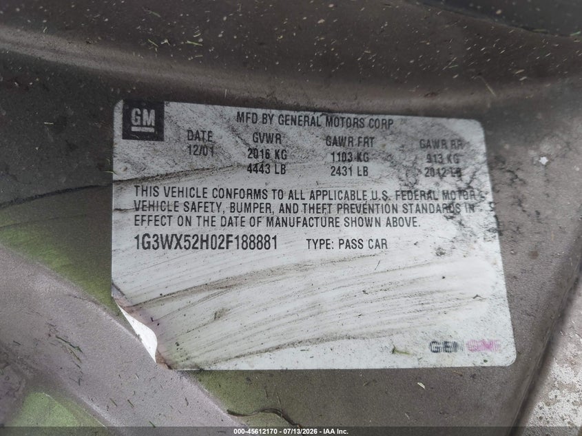 2002 Oldsmobile Intrigue Gls VIN: 1G3WX52H02F188881 Lot: 45612170