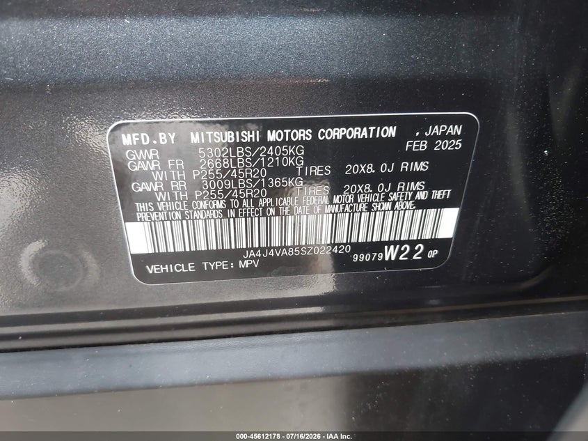 2025 Mitsubishi Outlander Se 2.5 S-Awc/Trail Edition S-Awc VIN: JA4J4VA85SZ022420 Lot: 45612178