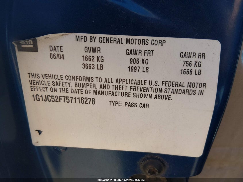 2005 Chevrolet Cavalier VIN: 1G1JC52F757116278 Lot: 45612180
