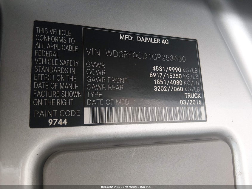 2016 Mercedes-Benz Sprinter 3500 High Roof VIN: WD3PF0CD1GP258650 Lot: 45612185