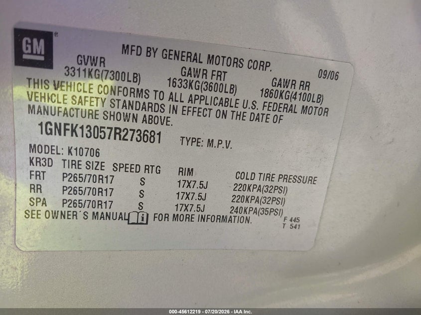 2007 Chevrolet Tahoe Lt VIN: 1GNFK13057R273681 Lot: 45612219