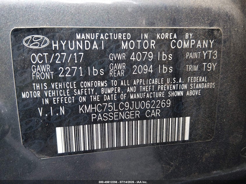 2018 Hyundai Ioniq Hybrid Sel VIN: KMHC75LC9JU062269 Lot: 45612256