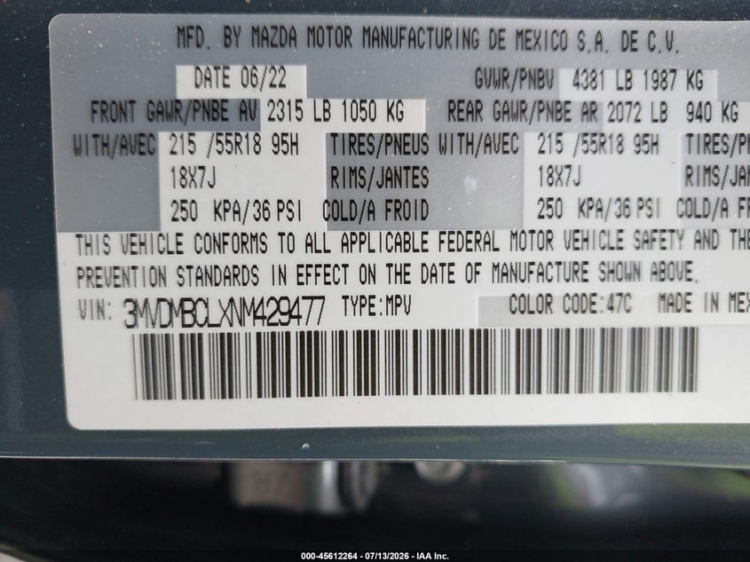 2022 Mazda Cx-30 Carbon Edition VIN: 3MVDMBCLXNM429477 Lot: 45612264
