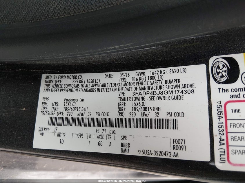 2016 Ford Fiesta Se VIN: 3FADP4BJ8GM174308 Lot: 45612326