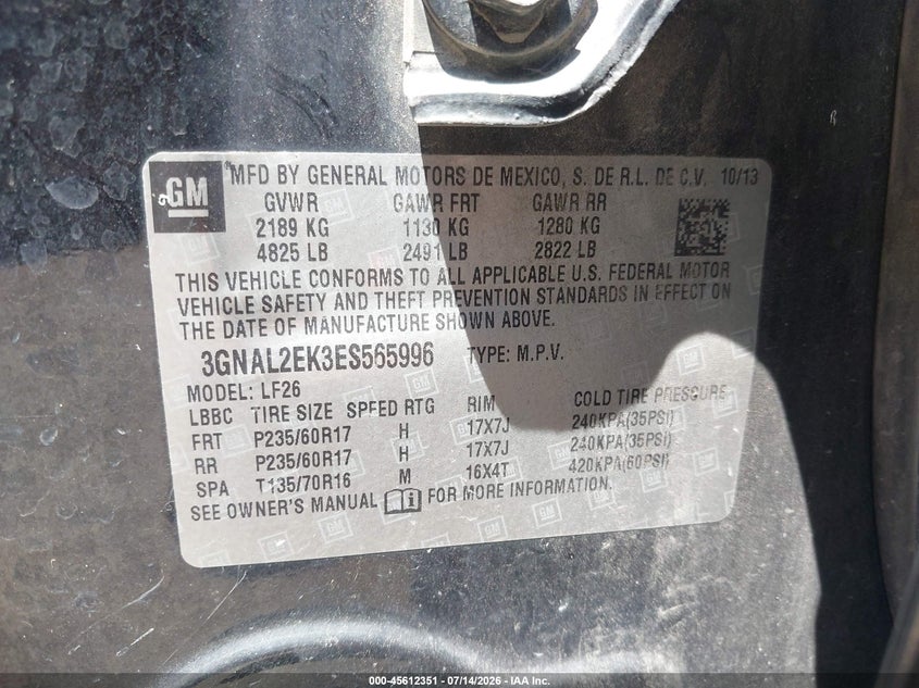 2014 Chevrolet Captiva Sport Fleet Ls VIN: 3GNAL2EK3ES565996 Lot: 45612351