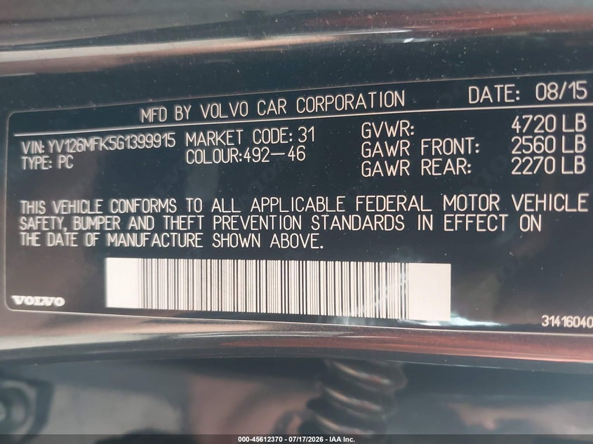 2016 Volvo S60 T5 Drive-E Premier VIN: YV126MFK5G1399915 Lot: 45612370