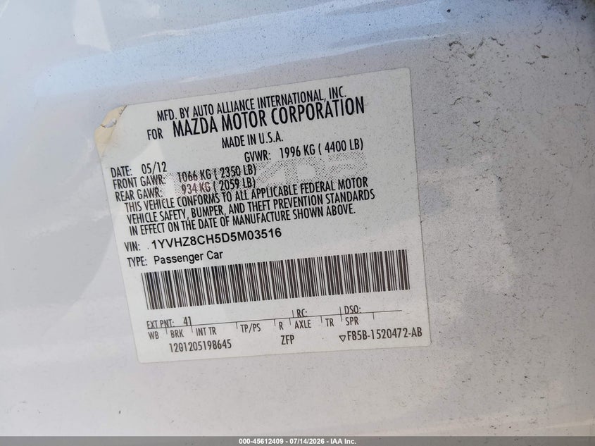 MAZDA MAZDA6 2013 VIN 1YVHZ8CH5D5M03516