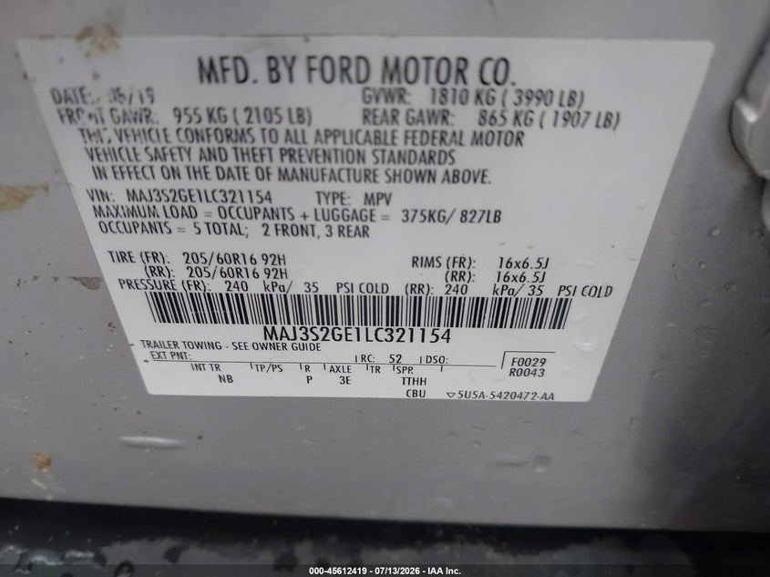 2020 Ford Ecosport Se VIN: MAJ3S2GE1LC321154 Lot: 45612419
