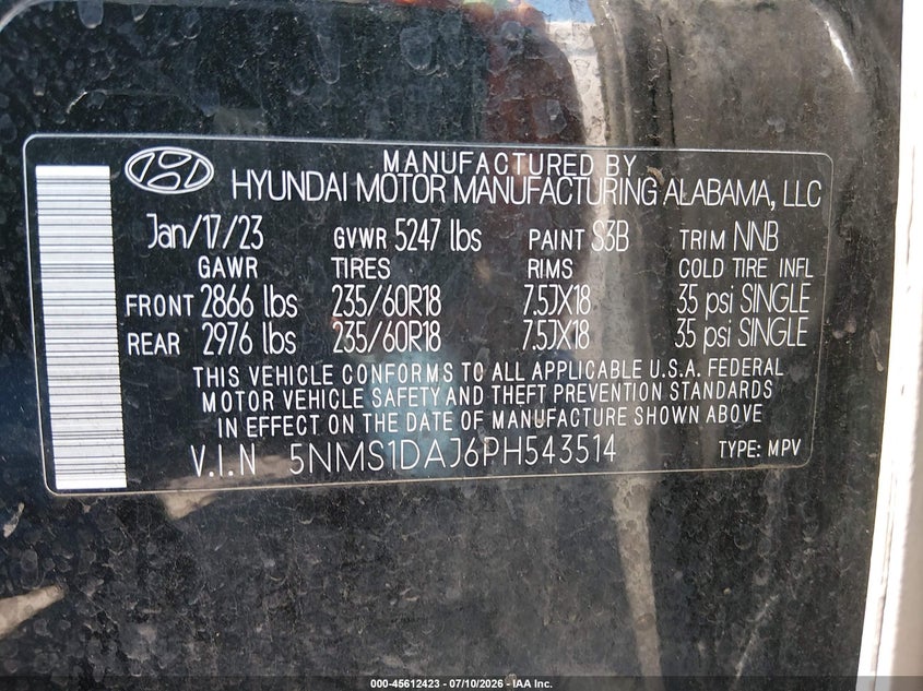 2023 Hyundai Santa Fe Se VIN: 5NMS1DAJ6PH543514 Lot: 45612423
