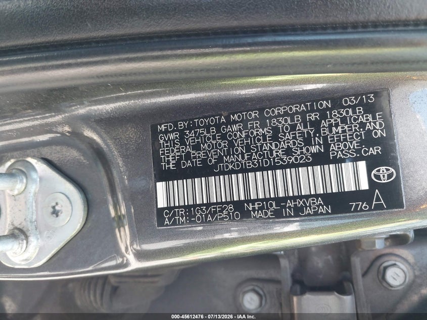 2013 Toyota Prius C Two VIN: JTDKDTB31D1539023 Lot: 45612476