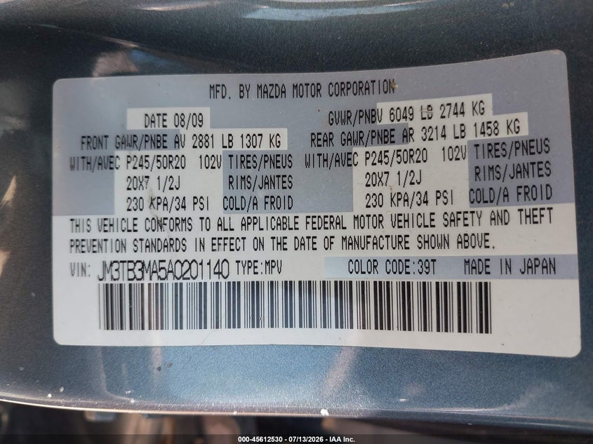 2010 Mazda Cx-9 Grand Touring VIN: JM3TB3MA5A0201140 Lot: 45612530