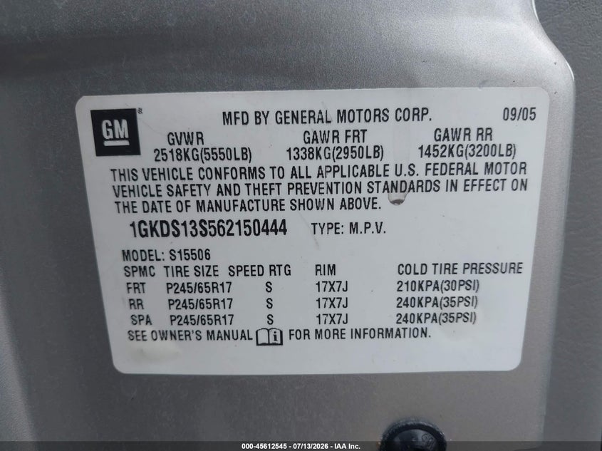 2006 GMC Envoy Sle VIN: 1GKDS13S562150444 Lot: 45612545