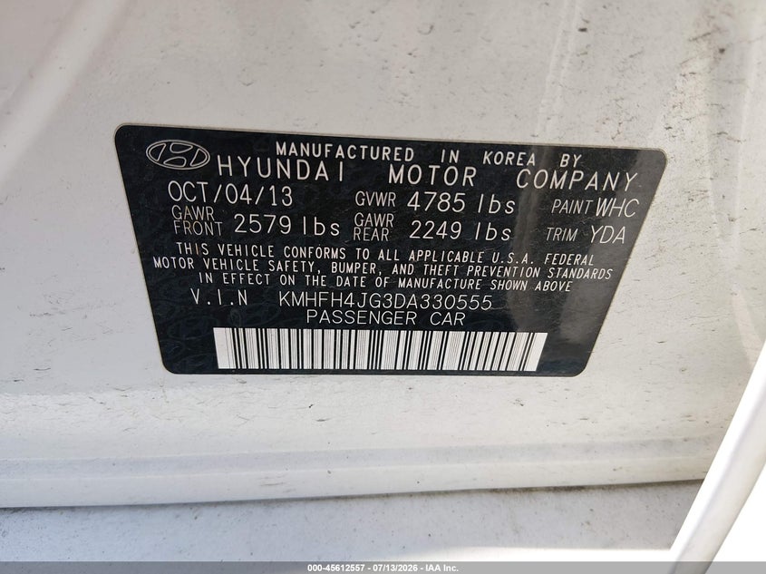 2013 Hyundai Azera VIN: KMHFH4JG3DA330555 Lot: 45612557
