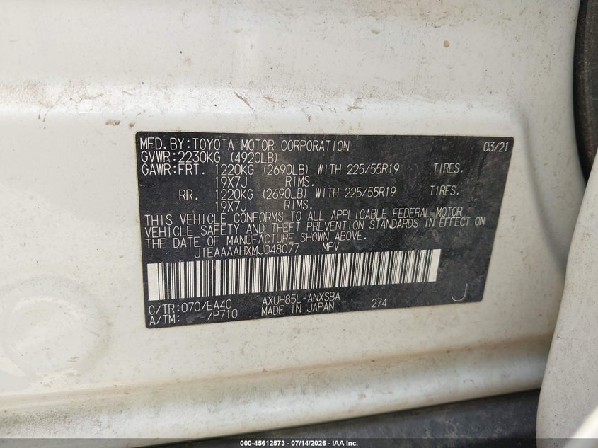 2021 Toyota Venza Limited VIN: JTEAAAAHXMJ048077 Lot: 45612573
