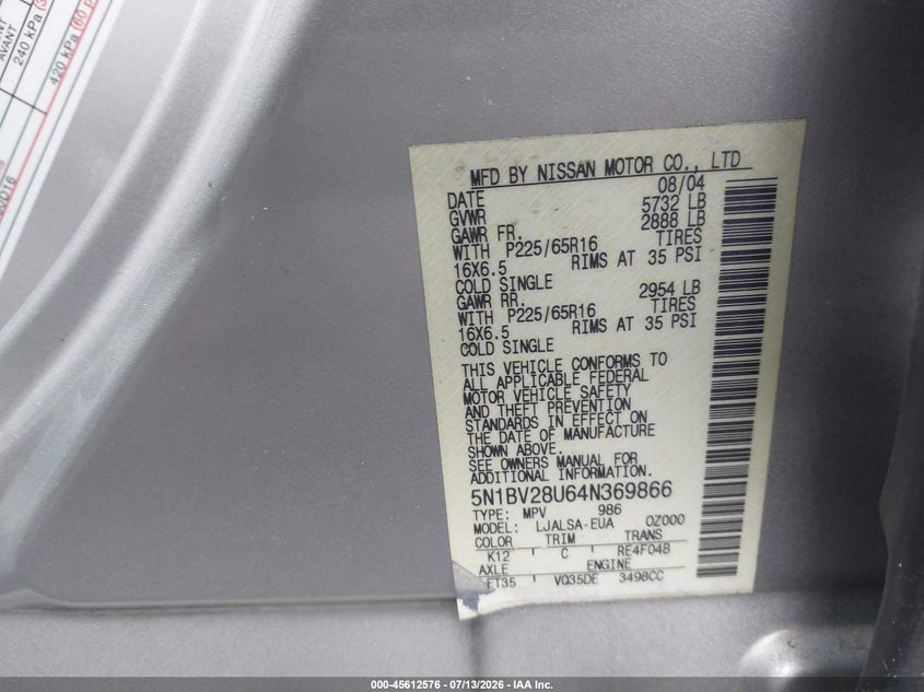 2004 Nissan Quest 3.5 S VIN: 5N1BV28U64N369866 Lot: 45612576