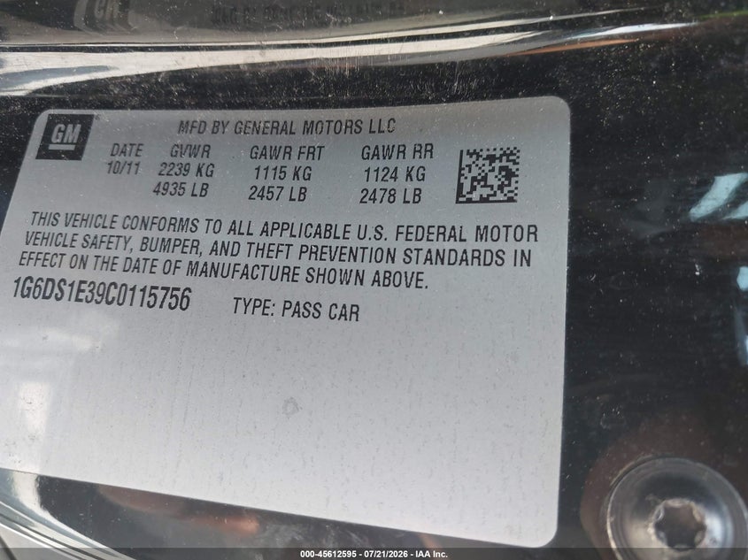 2012 Cadillac Cts Premium VIN: 1G6DS1E39C0115756 Lot: 45612595