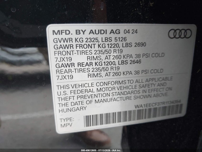 2024 Audi Q3 Premium Plus 45 Tfsi S Line Quattro Tiptronic VIN: WA1EECF37R1134354 Lot: 45612605