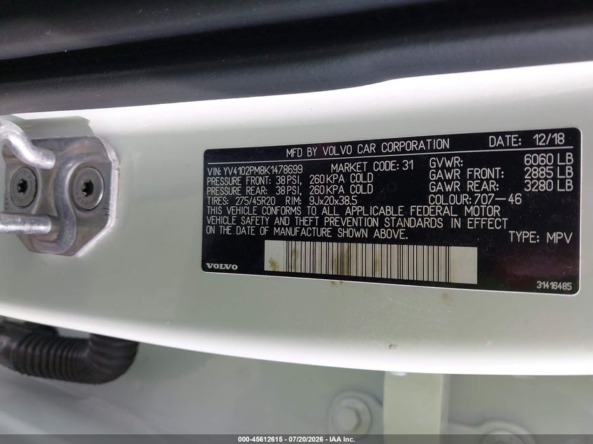 VOLVO XC90 2019 VIN YV4102PM8K1478699