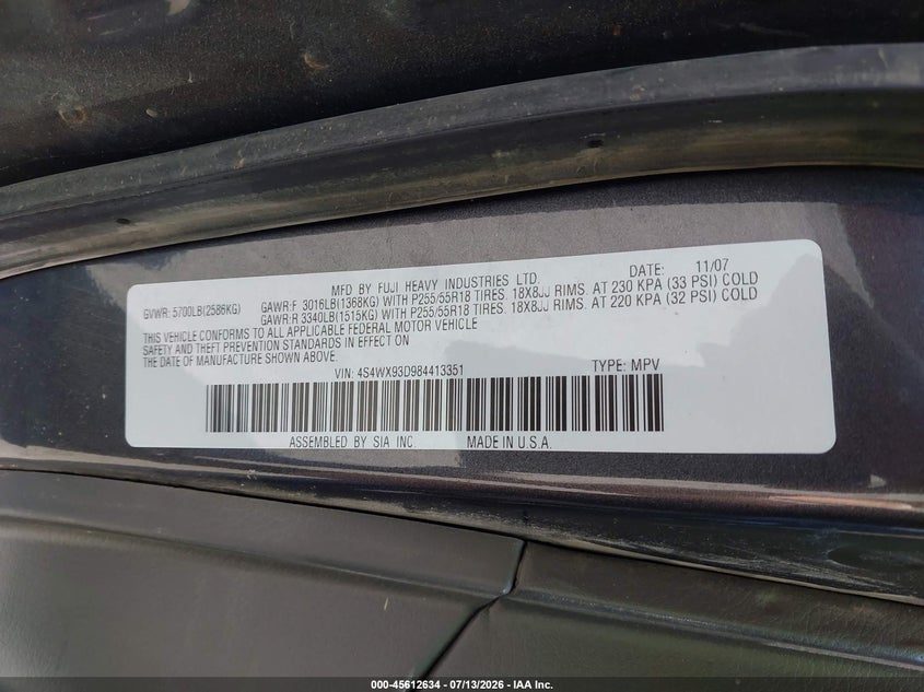 2008 Subaru Tribeca Limited 5-Passenger VIN: 4S4WX93D984413351 Lot: 45612634