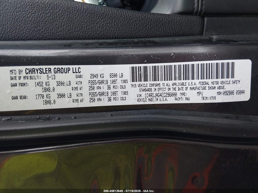 2014 Dodge Durango Sxt VIN: 1C4RDJAG4EC296000 Lot: 45612648