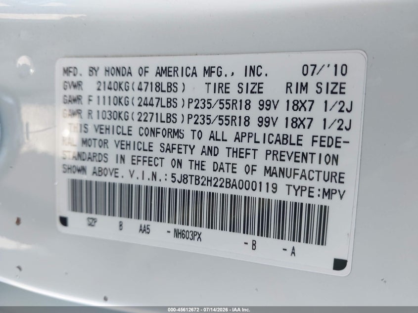 2011 Acura Rdx VIN: 5J8TB2H22BA000119 Lot: 45612672