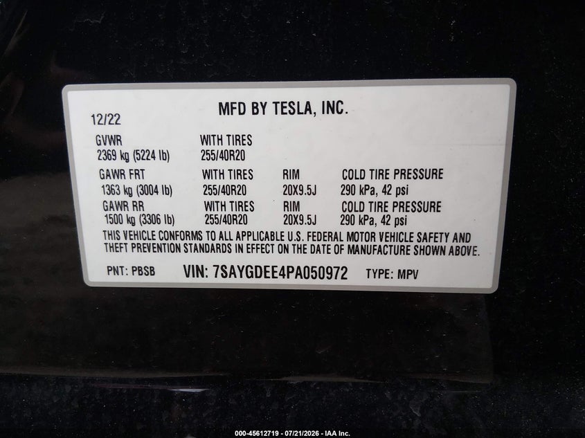 2023 Tesla Model Y Awd/Long Range Dual Motor All-Wheel Drive VIN: 7SAYGDEE4PA050972 Lot: 45612719