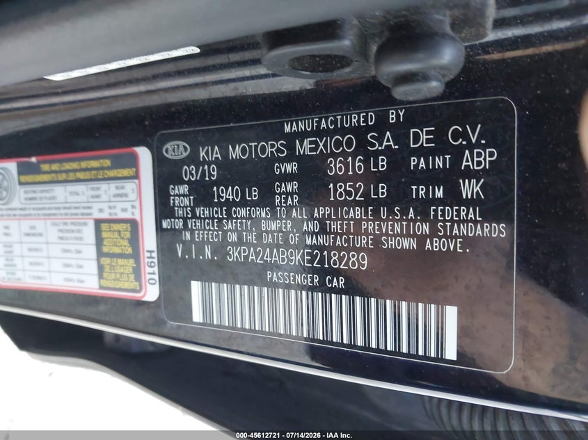 2019 Kia Rio S VIN: 3KPA24AB9KE218289 Lot: 45612721