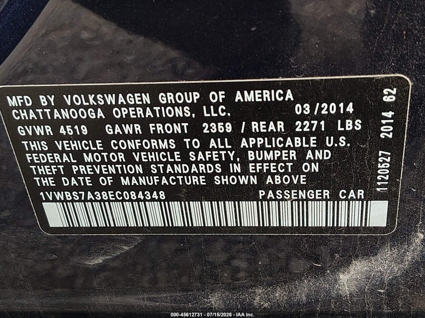 2014 Volkswagen Passat 1.8T Se VIN: 1VWBS7A38EC084348 Lot: 45612731
