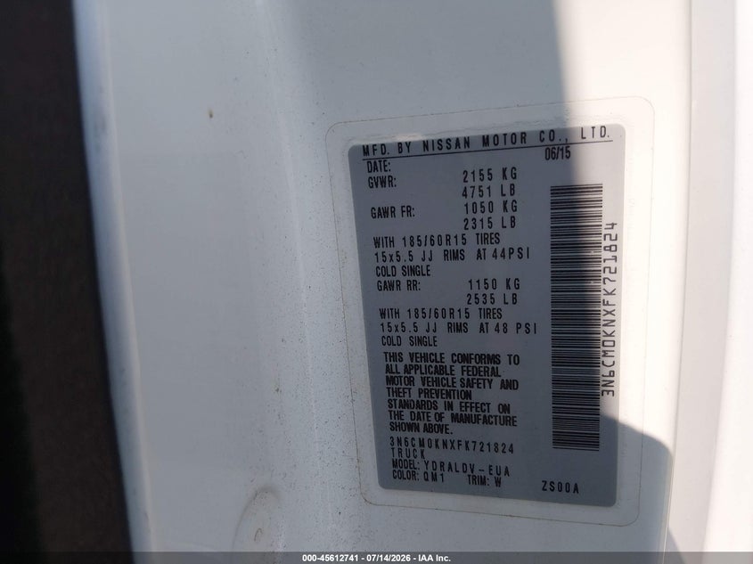 2015 Nissan Nv200 S VIN: 3N6CM0KNXFK721824 Lot: 45612741
