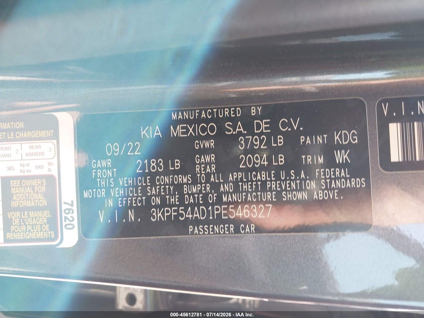 2023 Kia Forte Gt-Line VIN: 3KPF54AD1PE546327 Lot: 45612781