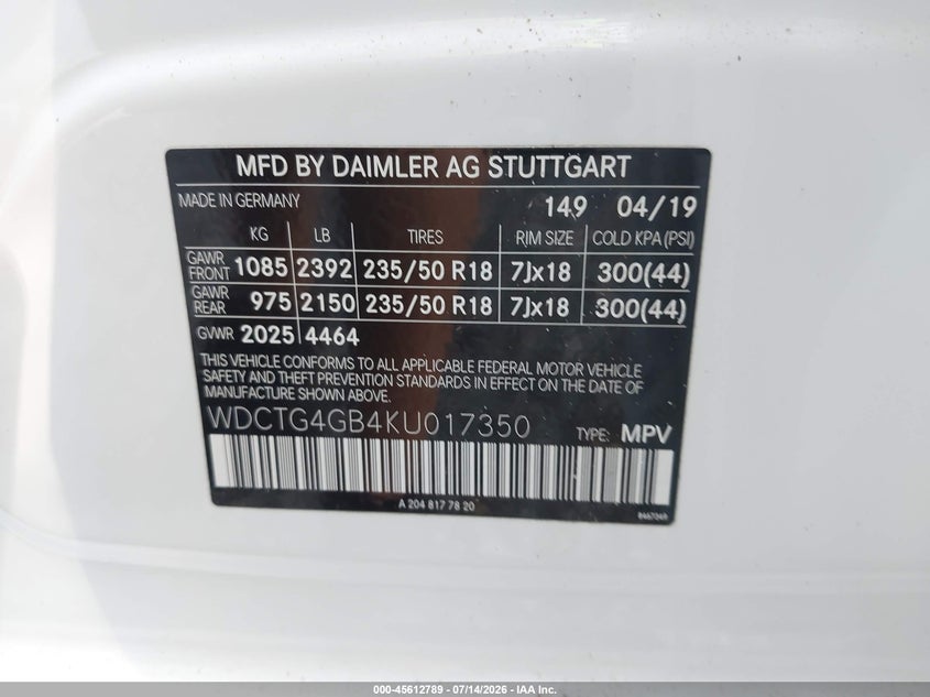 2019 Mercedes-Benz Gla 250 4Matic VIN: WDCTG4GB4KU017350 Lot: 45612789