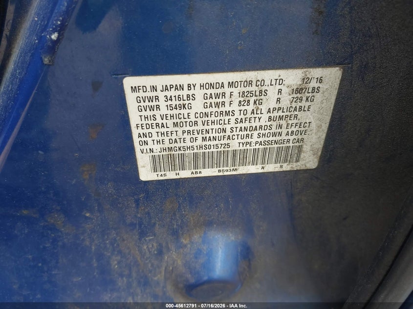 2017 Honda Fit Lx VIN: JHMGK5H51HS015725 Lot: 45612791